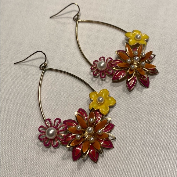Colorful Floral Earrings with Teardrop Hoops - Picture 2 of 6